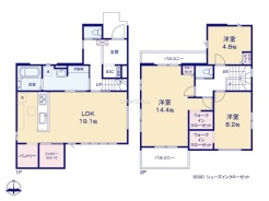 ～間取り変更も可能なプラン～
・２階１４.４帖の洋室は間仕切りを造る事で２部屋に分ける事が可能。
・ご家族の状況に応じて部屋の数を変更できるプランです。
