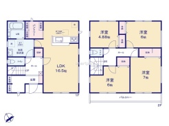 ~使い勝手の良い4LDKプラン~
・シンプルで使い勝手が良く、人気の高い4LDKのプランを採用。
・収納もしっかりございますので、お家の中がスッキリと片付きます。
(1号棟)